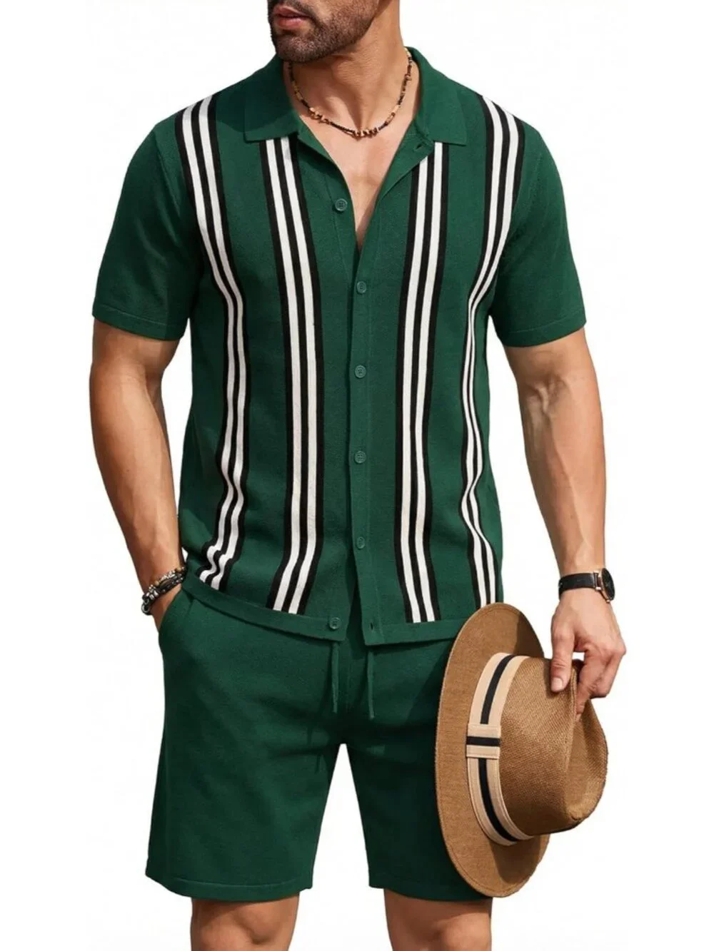 Coofandy Men's Green Stripes Vintage Short Sleeve Button Down Knit Polo Shirts